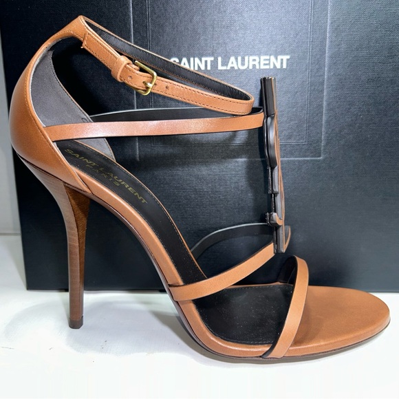 SAINT LAURENT CASSANDRA 100 SANDAL METAL YSL LOGO BROWN LEATHER SZ 39.5 NEW! - Picture 5 of 16